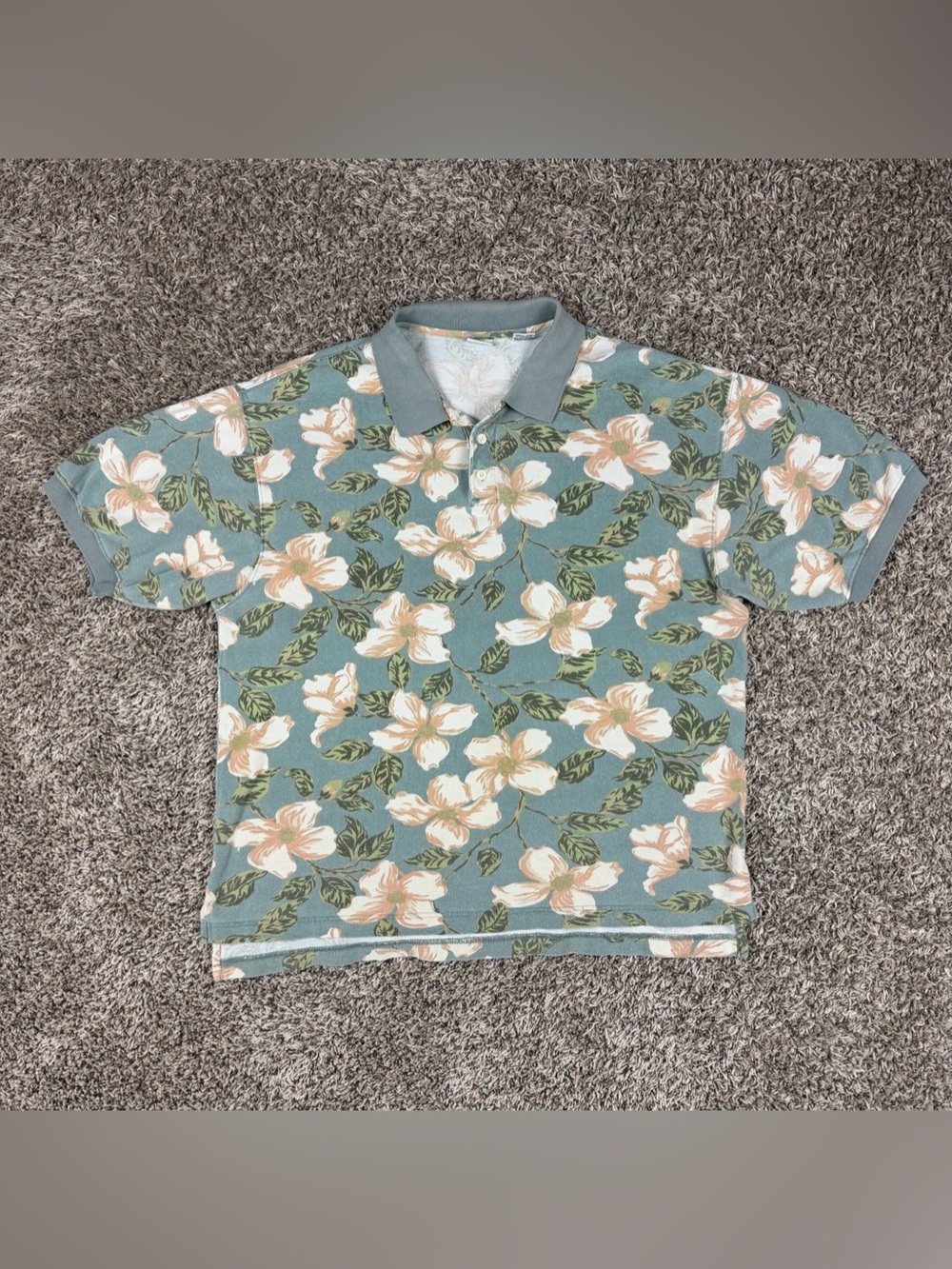 Vintage GAP Floral Polo Shirt Mens XL Green White Cotton Short Sleeve Hawaiian